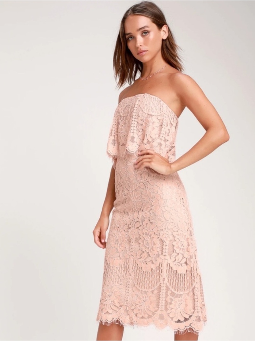 Lulus Delia Blush Pink Strapless Lace Midi Dress M NWT
